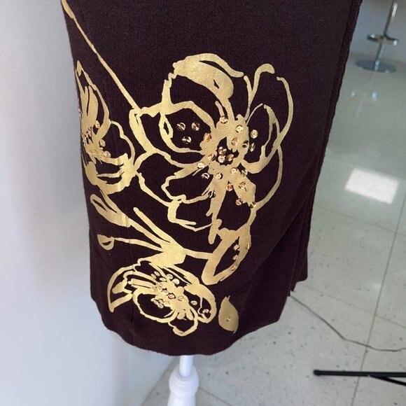 Cache Jacket Large L Womens Vintage Floral Knit Zipper Front Brown Gold Metallic - Picture 9 of 14